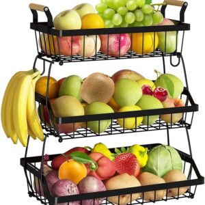 Fruteira de Mesa Organizador de Frutas, Cesto de Frutas de Metal, Cesta de Armazenamento de Frutas de 3 Níveis com Alça, Fruteira de Cozinha para Armazenar Verduras e Frutas (3 Níveis com Alça)