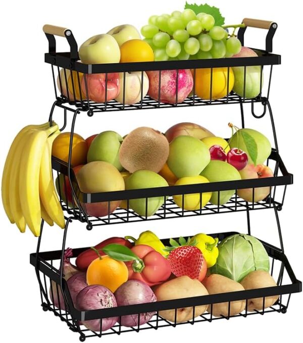 Fruteira de Mesa Organizador de Frutas, Cesto de Frutas de Metal, Cesta de Armazenamento de Frutas de 3 Níveis com Alça, Fruteira de Cozinha para Armazenar Verduras e Frutas (3 Níveis com Alça)